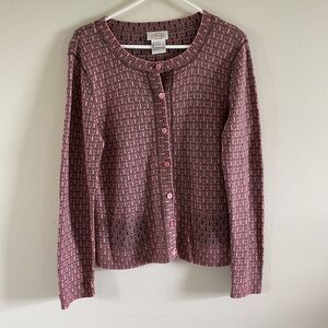 Talbots‎ 100% Cotton Butterfly Sweater Size Large Pink Black Button Up Pockets
